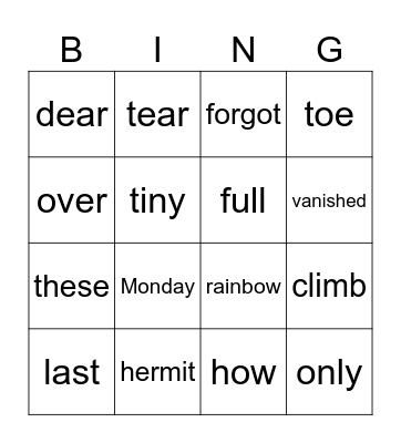 Stage 7.1 Heart words Bingo Card