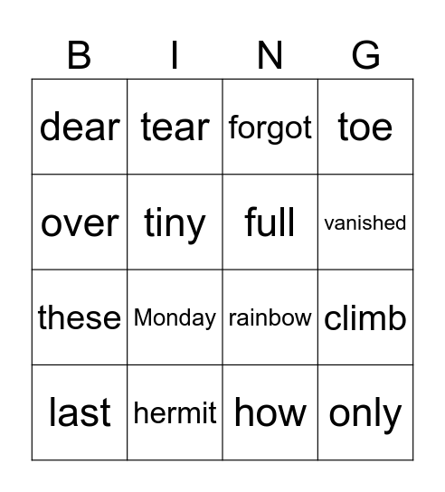 Stage 7.1 Heart words Bingo Card