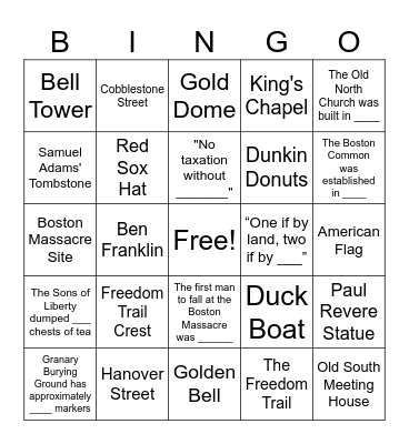 Freedom Trail Bingo Card