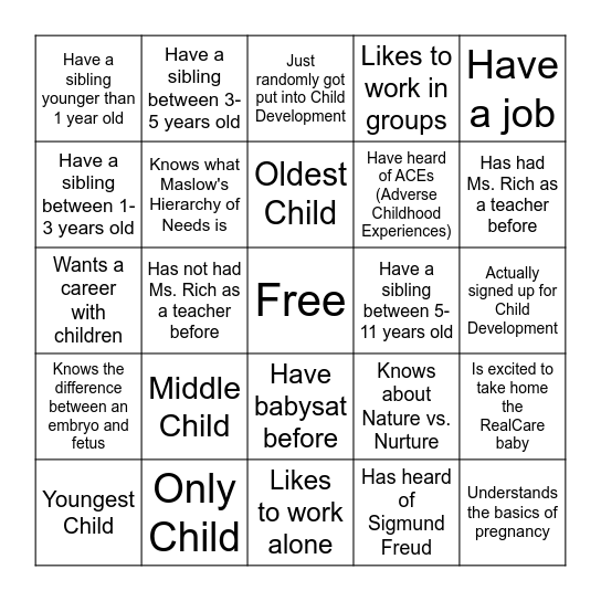 Child Development  Bingo Card
