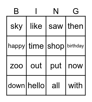 Stage 5 Heart Words Bingo Card