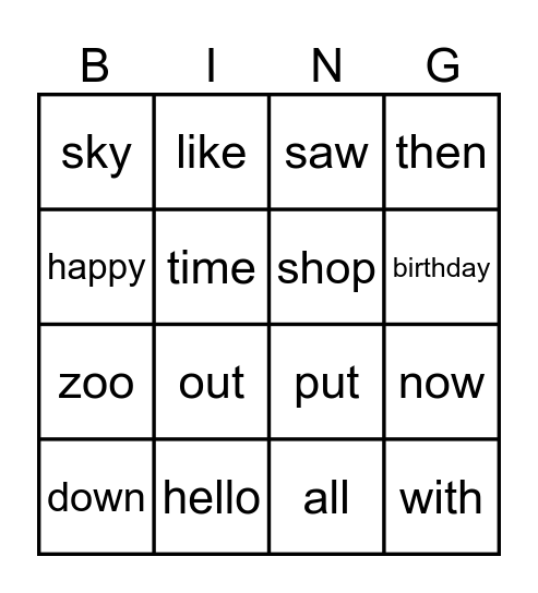 Stage 5 Heart Words Bingo Card