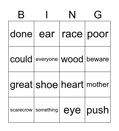 Stage 7.2 Heart Words Bingo Card