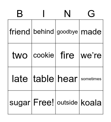 Stage 7.3 Heart Words Bingo Card