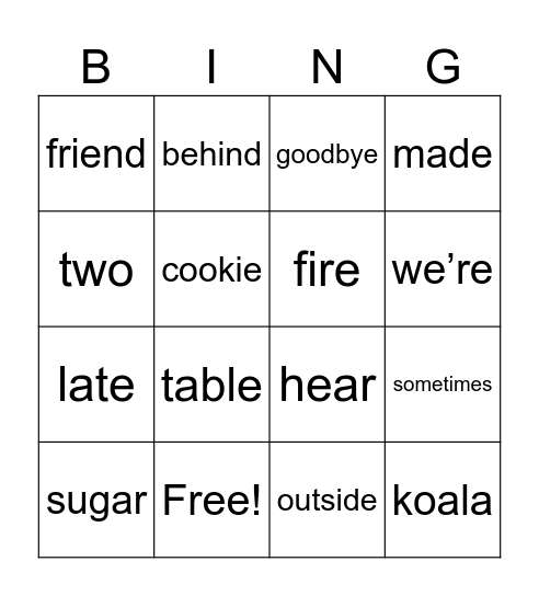 Stage 7.3 Heart Words Bingo Card