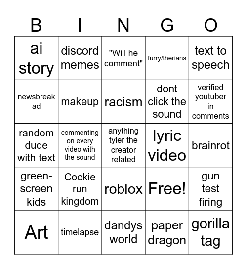 YT SHORTS BINGO Card