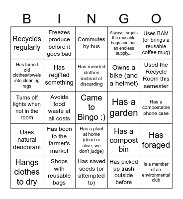 UNBC Environmental Citizenship Bingo Card