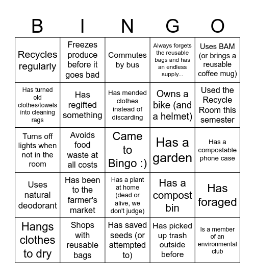 UNBC Environmental Citizenship Bingo Card
