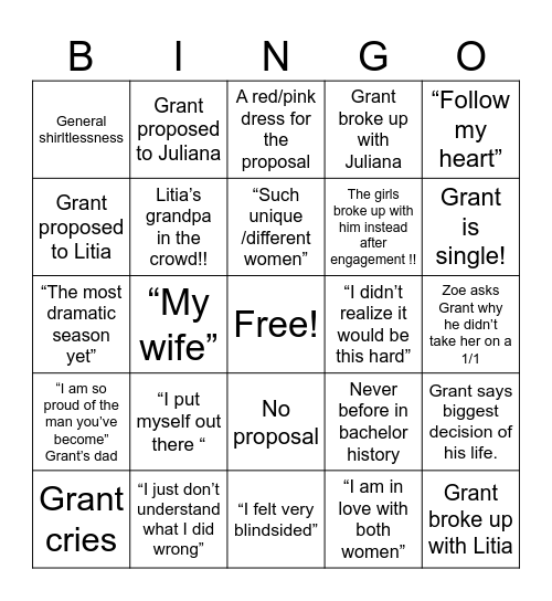 The Bachelor Season 24 Fantasy Suites Bingo Card