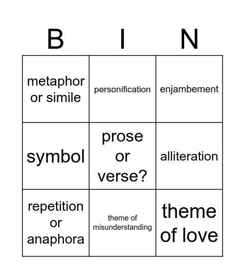 Shakespeare Bingo Card