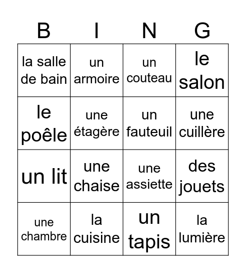 À la maison Bingo Card