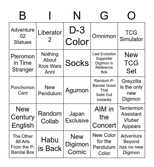 DigimonCon Bingo Card