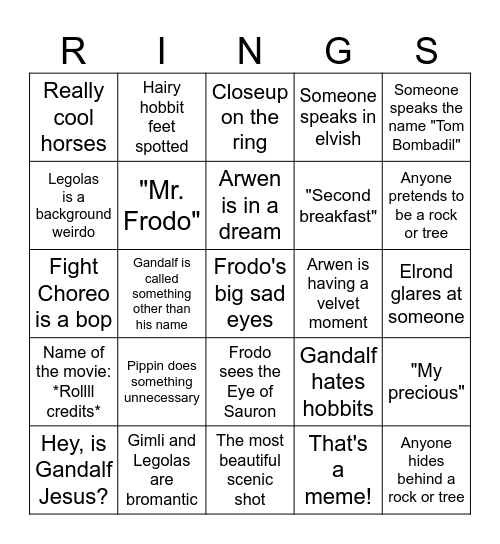Lord of the Rings Bingo Card