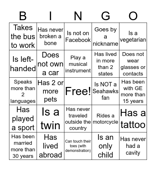 iCare Employee Bingo  Bingo Card