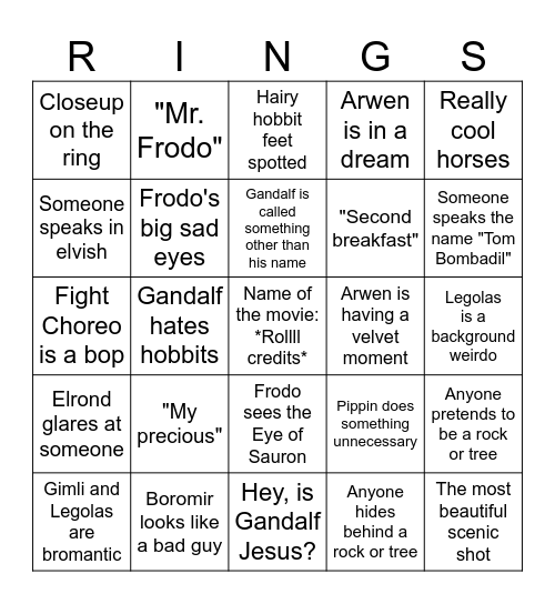 Lord of the Rings Bingo Card