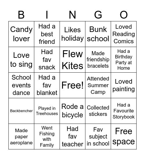 Childhood Bingo Card
