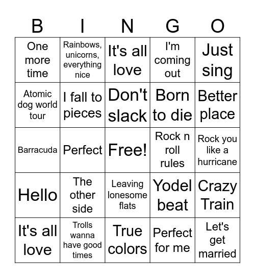Trolls Bingo Card