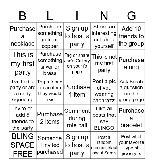 Sarah's BLINGO Party Bingo Card