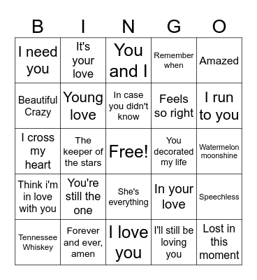 Country Love Songs Bingo Card
