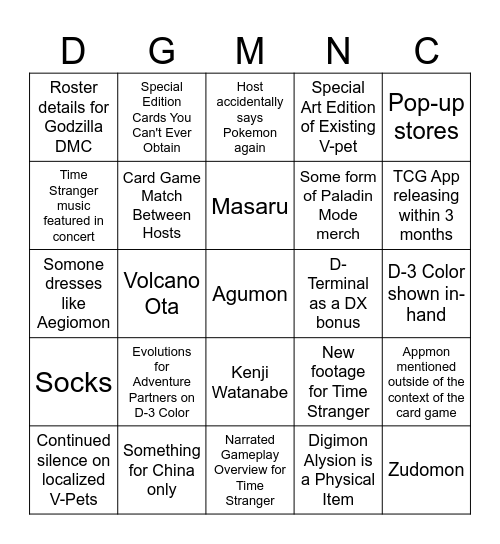 Digimon Con 2025 Bingo Card