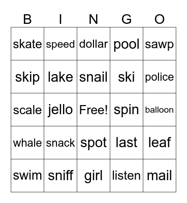 s-blends and /l/ Bingo Card