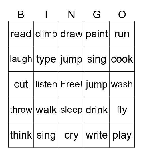 Verbs Bingo Card
