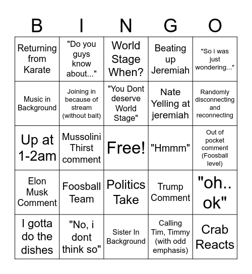 Nate Bingo Card