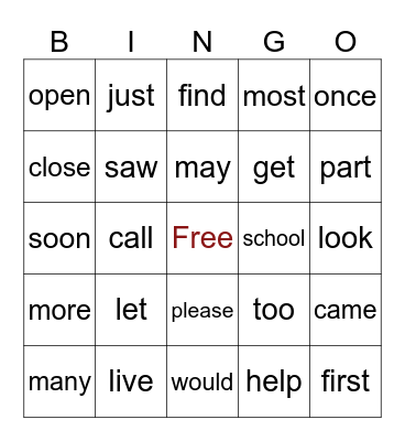 FAMILLIAR WORDS Bingo Card