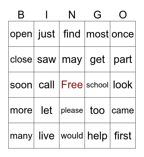 FAMILLIAR WORDS Bingo Card