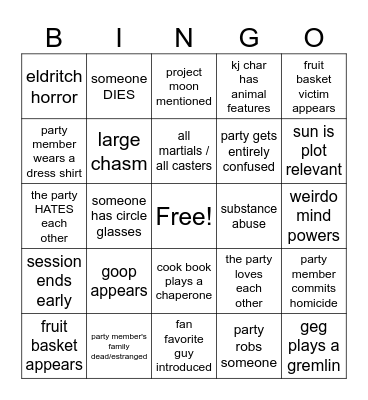 dungeon bingo Card
