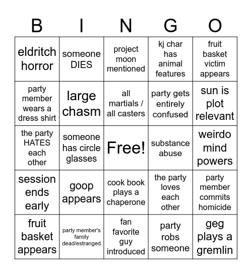 dungeon bingo Card