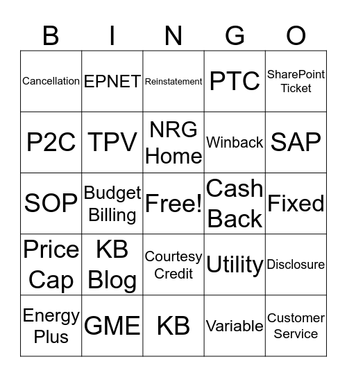 NRG Bingo  Bingo Card