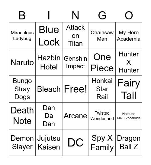 Cosplay Bingo Card
