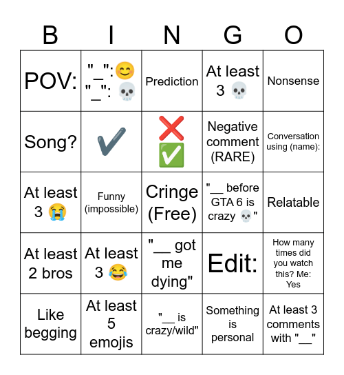 YT Shorts Bingo Card