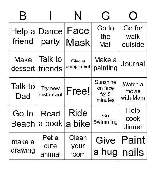 Stuff to Do Bingo Card