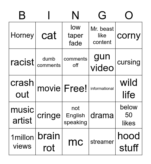 yt shorts bingo fr fr Bingo Card