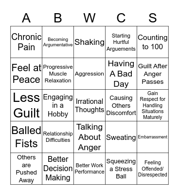 Anger Bingo Card