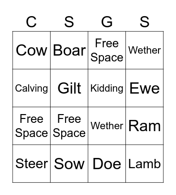 Livestock Bingo Card