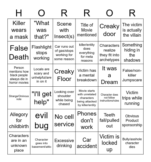 Horror Moobie Bingo Card