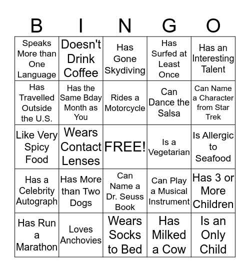 Get to Know You Bingo Card