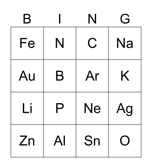 Periodic Table Bingo - Symbols Bingo Card