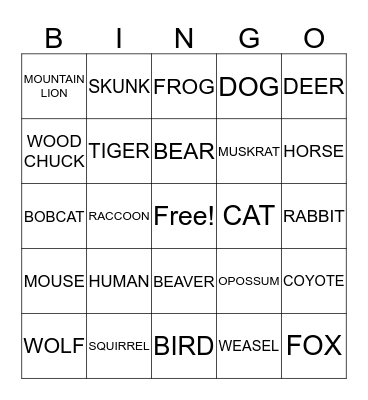 ANIMAL TRACK Bingo Card