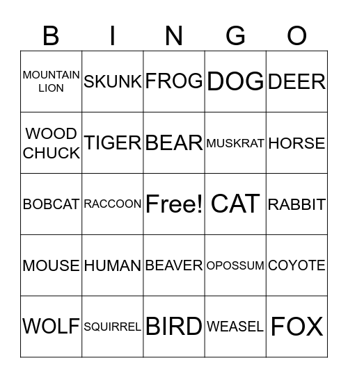 ANIMAL TRACK Bingo Card
