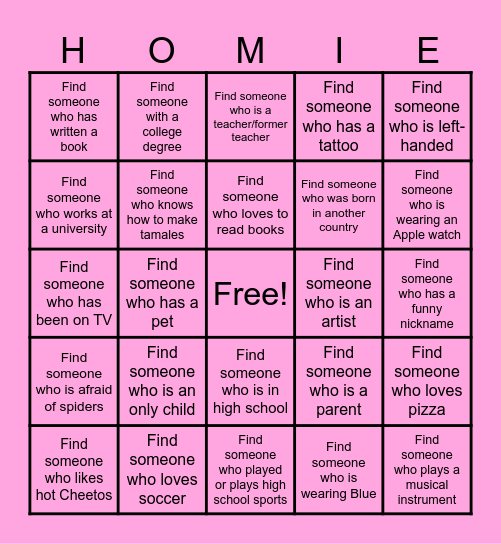 Homie Bingo Card