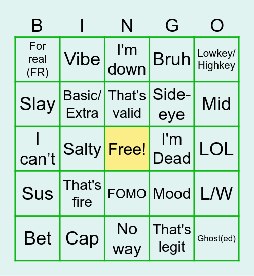 Slang! Bingo Card