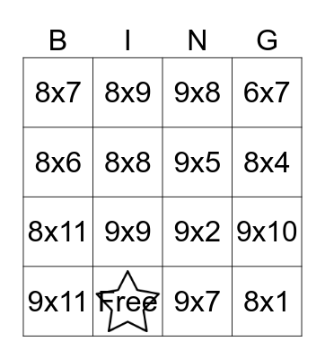 Multiplication Bingo 8's & 9's Bingo Card