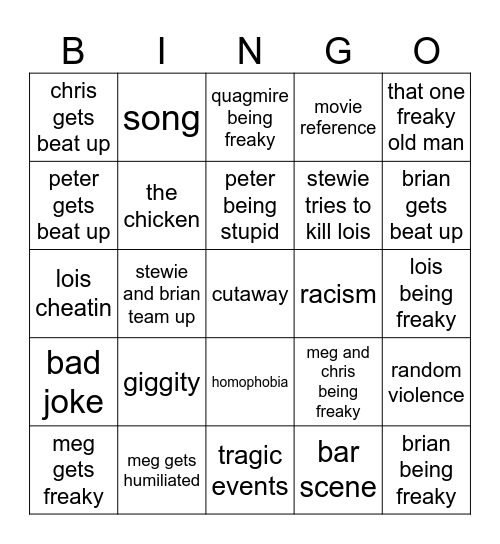 Family Guy Bingo Card
