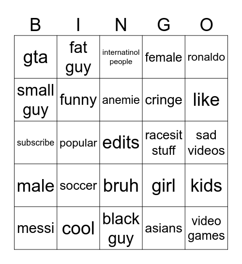 youtube shorts Bingo Card