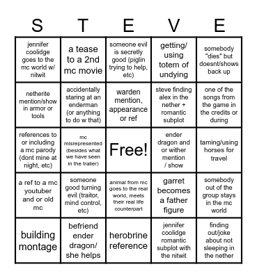 Minecraft Movie Bingo Card