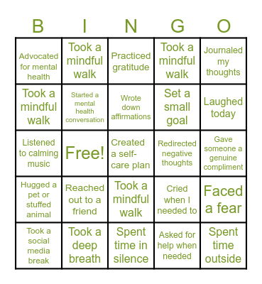 🎉 Mental Health Awareness Bingo Card